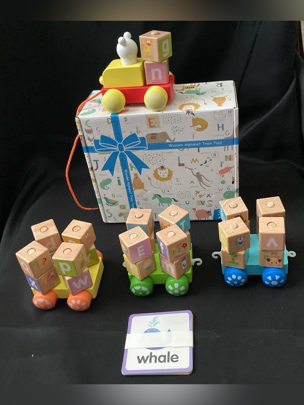 Wooden Alphabet Train Set ABC Learning Blocks Animal Flash Cards Open Box New